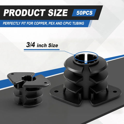 Briwooody 50-pcs black plastic 3/4 inch thru-stud isolation clamps; base plate pipe supports for PEX, copper, CPVC.