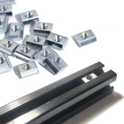 50 Pcs M5 Sliding T Nuts for 2020 Aluminum Extrusion with 6mm Slot Metric M5 T Slot Nuts on black extrusion profile