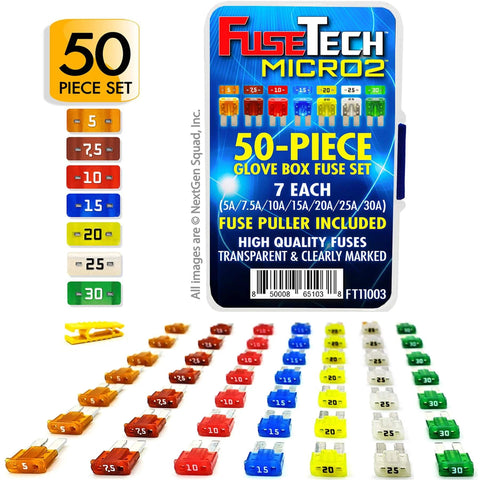 50 Piece All In One Grab-and-Go Automotive Fuse Kit With Micro 2 Blade Fuses And Fuse Puller, Glove Box Set, Color Coded Fuses