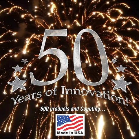 50 years of innovation celebration with fireworks, showcasing over 600 products, made in USA.