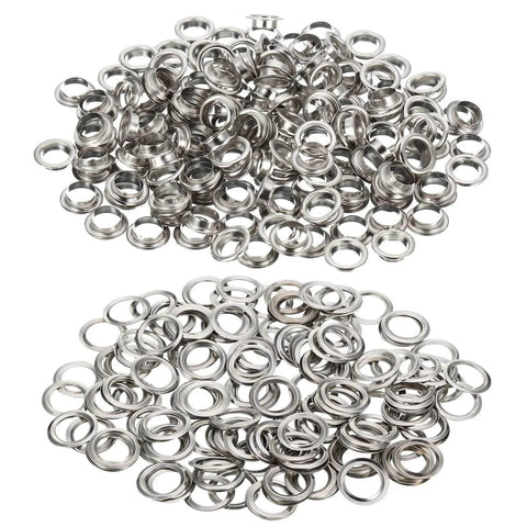 500 Pcs Grommet and Washer Kit for Leather, Fabric and Bags 1/4 Inch Inner Diameter Silver Finish Eyelets displayed loosely