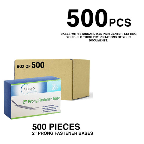Premium 500 Pack 2 Inch Capacity Metal Prong Paper Fastener Bases With Two And Three Quarter Inch Bases For File Folders And Clip Accessories, Heavy Duty Corrosion Resistant Steel, Pack Of Five Boxes Each Containing One Hundred Bases By OLYMPX, 500 pieces