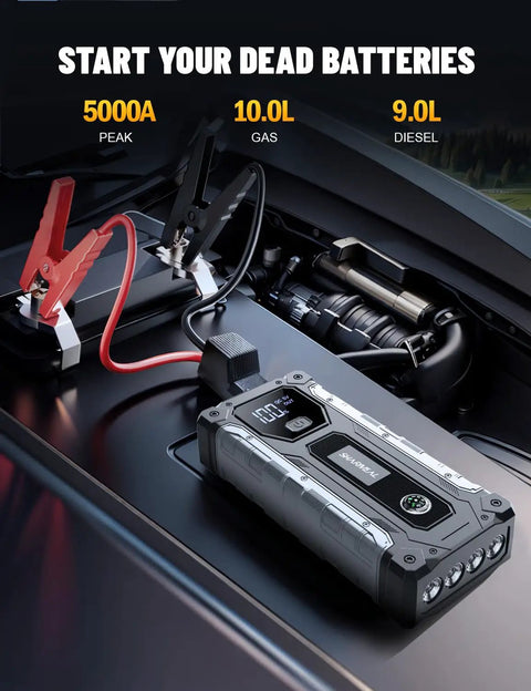 High Power 5000A Car Jump Starter Lithium Battery Pack For 10.0L Gas And 9.0L Diesel Engines, Portable 12V Jump Box With LED Light