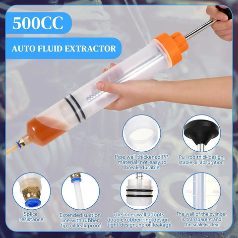 500cc Fluid Extractor For Automotive Use Manual Oil Transfer Pump Syringe with Orange Body, Leak-Free Quick Suction