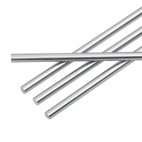 20 Pieces Pack 500mm 8mm Diameter Linear Motion Rod Shaft Guide Set With Four Linear Guides Eight SCS8UU Slide Blocks And Eight SK8 Rod Rail Supports For 3D Printers DIY CNC And Auto Molding Machines depicting four steel rods on a white background.