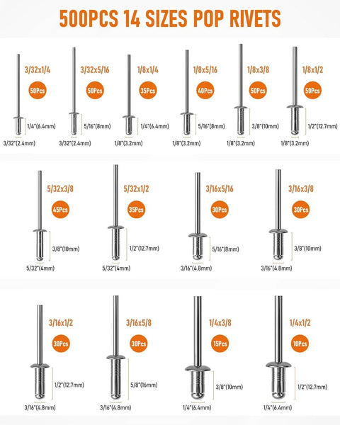 Detailed chart of rivet sizes from 1000PCS Aluminum Pop Rivets Assortment Kit, including various dimensions and quantities.