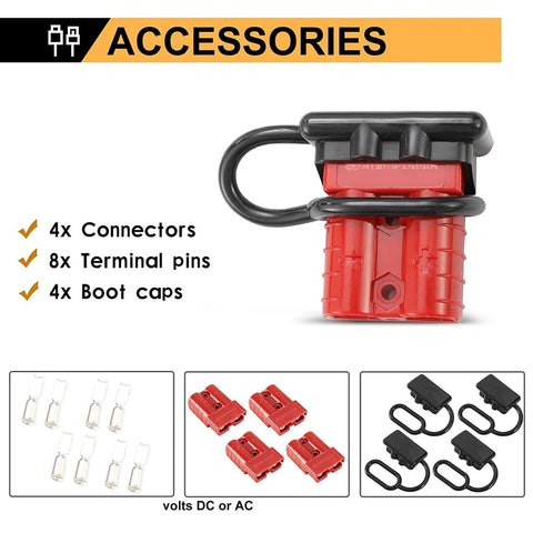 50 Amp Battery Quick Connect Disconnect Plug Kit with 4 red connectors, boot caps, and terminal pins for winch, auto, and solar setups.