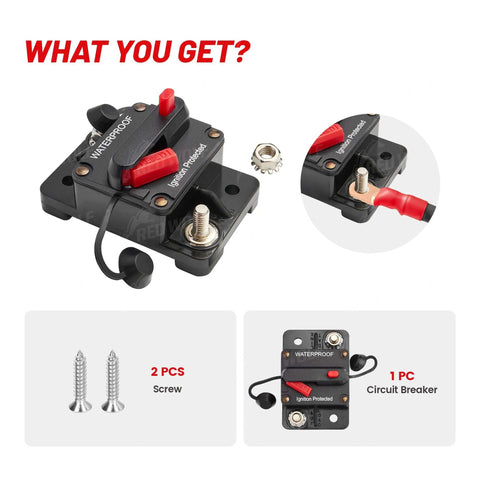 Image of 50 Amp DC Circuit Breaker For Boats And Off Road Gear With Waterproof Housing Inline Fuse With Manual Reset, includes screws and nut.