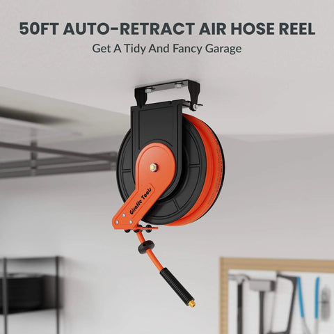 Retractable Three Eighth Inch By Fifty Foot Air Hose Reel With Auto Rewind Hybrid Hose 300 PSI Max Ceiling Or Wall Mount Built