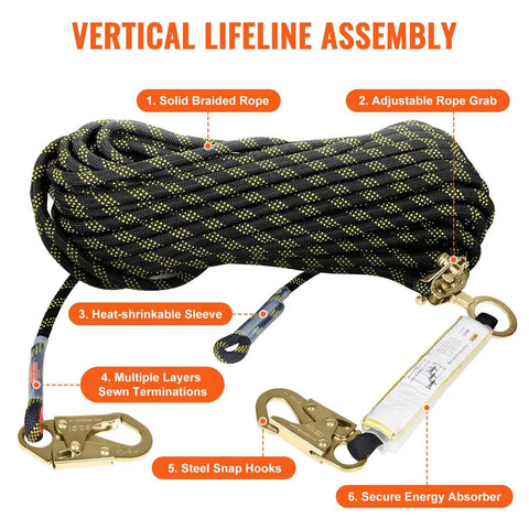 Secure elevated work with a 50 ft vertical lifeline kit featuring 0.55 inch polyester rope, 30 kN breaking strength, steel snap hooks.