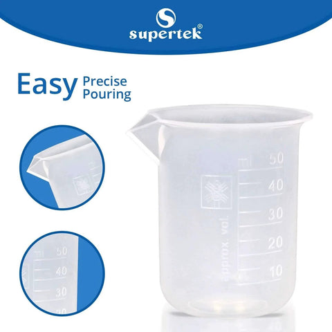 50ml High Clarity Polypropylene Beaker Set With Raised Graduations Pack of 12 Lab Beakers showing easy precise pouring