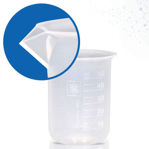 Side view of 50ml High Clarity Polypropylene Beaker with raised graduations, focusing on pour spout detail, part of pack of 12 lab beakers.