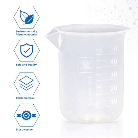 50ml High Clarity Polypropylene Beaker Set With Raised Graduations, single beaker highlighting measurement marks and quality icons