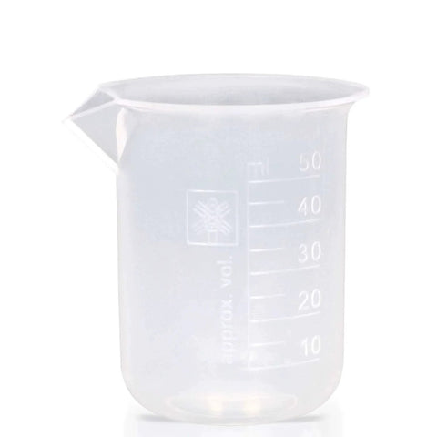 50ml High Clarity Polypropylene Beaker Set With Raised Graduations Pack of 12 Lab Beakers, featuring a durable clear design with measurement marks
