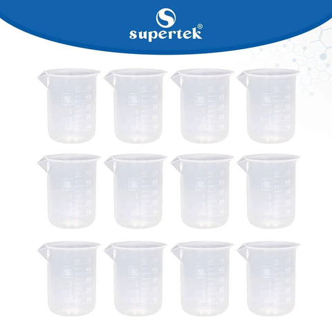 Pack of 12 50ml High Clarity Polypropylene Beaker Set With Raised Graduations on white background