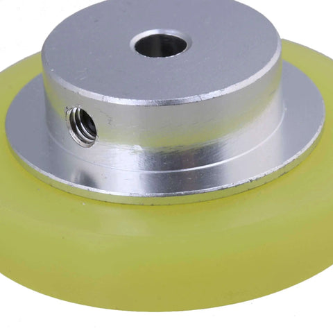 Close-up of Pro Grade 50mm Aluminum Encoder Wheel with Silicone Surface, featuring 6mm bore and M5 screws for rotary encoders.