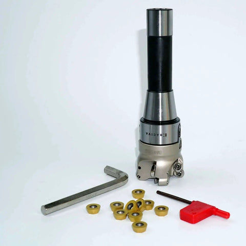 Beefy 50mm EMR Round Dowel Face Mill Kit with Four Slot High Efficiency Cutter, RPMT1204 Carbide Inserts, R8 FMB22, T15 Wrench, and Spanner