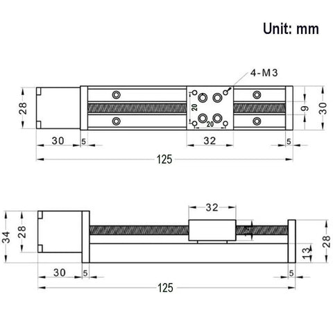 Technical drawing of 50mm Effective Travel Length Mini Linear Rail Guide Lead Screw T6x1 with NEMA11 Stepper Motor for DIY use