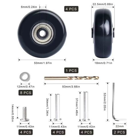 50mm Luggage Wheel Replacement Kit With Precision Ball Bearings 4 Pcs Swivel Caster Wheels For Suitcase Travel Upgrade Includes Drill Bit And Easy Install For Durable Luggage Replacement Parts Built To Extend Luggage Life And Improve Mobility, showing components and measurements.