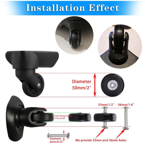 50mm x 18mm Set of 4 Luggage Suitcase Replacement Wheels, rubber swivel caster wheels installation diagram, black