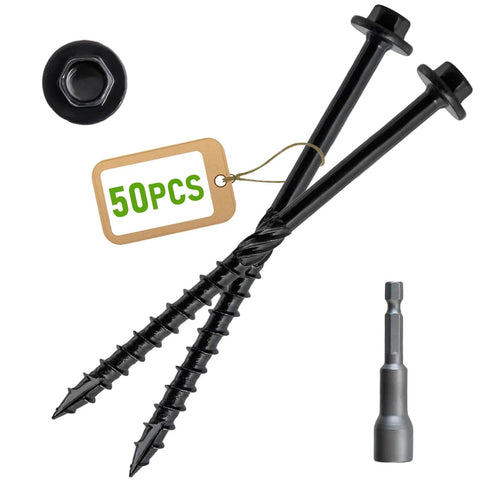 50pcs #14 x 4 Inch Heavy Duty Wood Structural Screws, Black Hex Head Timber Screws, shown with hex socket and label