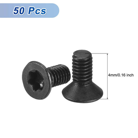 50 pieces of M2-0.4 x 4mm Flat Torx Head Machine Screws, 10.9 Grade, Carbon Steel, shown with measurement and black oxide finish.