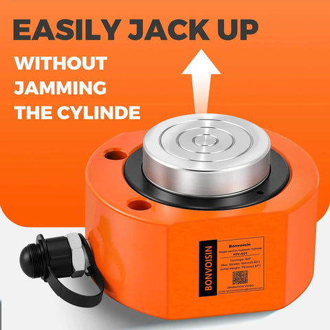 Heavy Duty Bonvoisin 50 Ton Hydraulic Ram Cylinder With 0.63 Inch Stroke Low Profile Porta Power Jack, orange, close-up view.