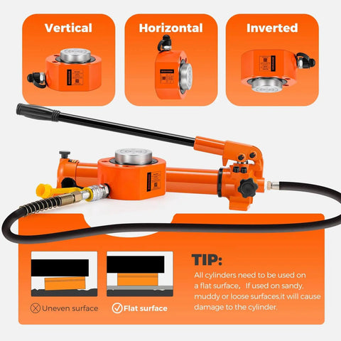 Heavy Duty Bonvoisin 50 Ton Hydraulic Ram Cylinder With 0.63 Inch Stroke Low Profile Porta Power Jack shown in vertical, horizontal, and inverted positions with usage tips.