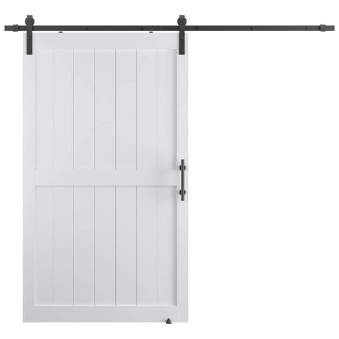 Front view of 48x84 Inch Sliding Barn Door With 8 Foot Hardware Kit Handle Floor Guides And Easy DIY Installation White MDF Door With Waterproof PVC Surface H Frame Pre Drilled Holes And Installation Manual CARB P2 Pine Core