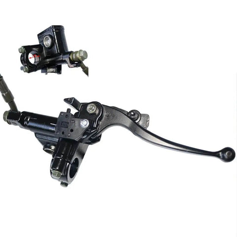 Front view of Rear Hand Hydraulic Disc Brake Master Cylinder Caliper Assembly with new brake pads for 50cc to 250cc ATVs quads.