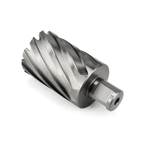 Beast Mode Annular Cutter For Magnetic Drill Press With 1-5/8 Cutting Diameter And 2 Inch Depth Weldon Shank 3/4 Inch With 2 Flat Pilot Pin Turbo Fast Hole Cutting For Metal Heavy Duty Tool By OSCARBIDE, side view on white background