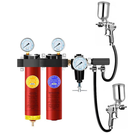 NANPU ZP-R two-stage air filtration system with regulator, metal housing, red filter canisters, gauges, and dual spray guns.