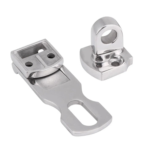 Two-piece Hapivida marine-grade stainless steel hatch fastener clamp set; base plate with slot and locking loop (front view)