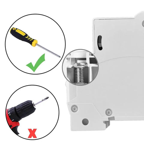 Side view of DC 500V 25A 2 Pole Photovoltaic Circuit Breaker For Solar PV System with correct screwdriver usage symbol.