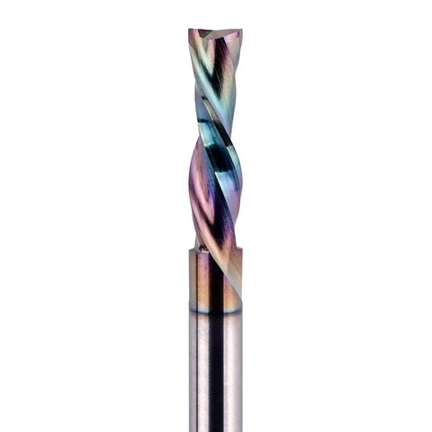 Downcut Spiral Router Bit For Woodworking With One Inch Cutting Length And Quarter Inch Cutting Diameter Quarter Inch Shank Two And One Half Inch Overall Length Extra Long Life Coating For Sharp Smooth Mortises And Slots SpeTool, front view.