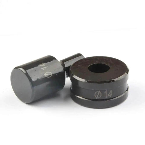 Hydraulic Round Hole Punch 10mm with black metal handle, CH-70 range, shown with circular steel parts for sheet metal cutting.