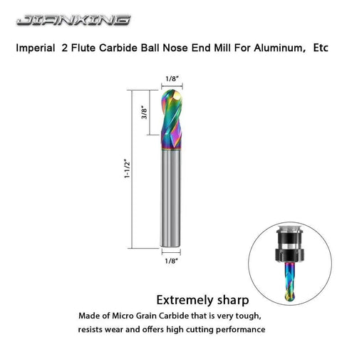 DLC Coated One Eighth Inch Two Flute Carbide Ball Nose End Mill Set For Aluminum Copper Alloys And Plastics Machining Pro Grade