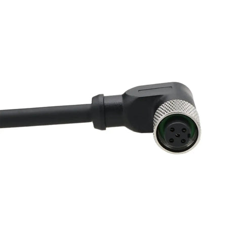 M12 A Coded 5 Pin Female Sensor Cable With Right Angle Connector for industrial automation, close-up view of connector end.