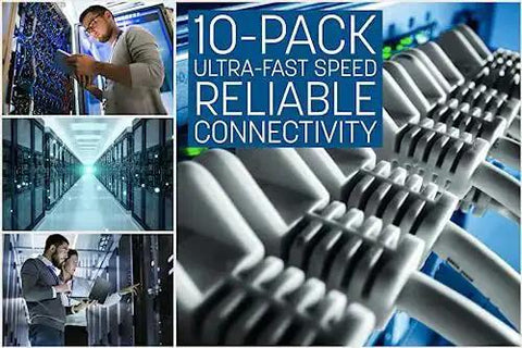 Slim Cat6 Ethernet Patch Cables 3 Ft, 10-Pack, 250 MHz, Snagless Boot, 30 AWG Bare Copper, Gold Plated Contacts, White, server room setup