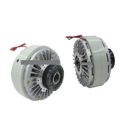 Two units of PC-6A2 hollow magnetic powder brake/clutch; front and side views, gray housing with red wires, 24V.