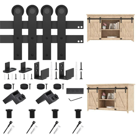 5 Foot Small Sliding Barn Door Hardware Kit for Double Doors and Cabinets, Ultra Quiet Track System, includes spliced tracks and guides.