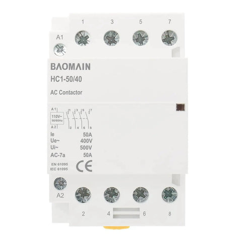 Heavy Duty 110V AC 4 Pole Contactor With Four Normally Open Contacts, 50A Rating, DIN Rail Mount, front view