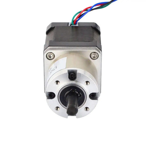 Front view of Boss Torque Planetary Gearbox for NEMA 17 Stepper Motor, 13.73 to 1 gear ratio, with visible bipolar 4 wire connection.