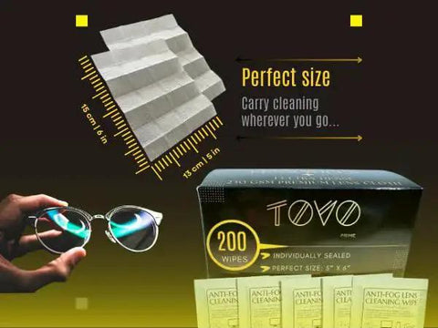 Anti Fog Eyeglasses Cleaning Wipes And Microfiber Cloth For Glasses Screens packaging and size illustration with glasses