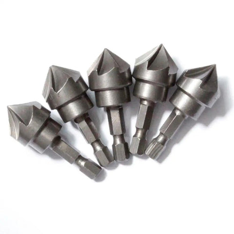 Set of 2 Pcs 90 Degree Countersink Drill Chamfer Bits With 1 Quarter Inch Hex Shank For Woodworking And Carpentry Angle Point Bevel Cutter To Remove Burrs And Create Clean Chamfers shown in a close-up view.