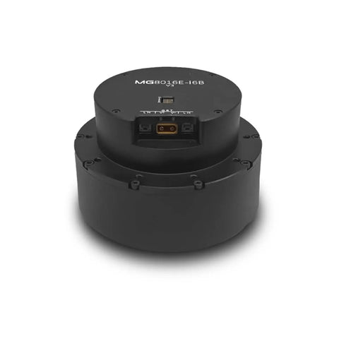 Front view of MG8016E V3 dual encoder planetary reducer with DC servo motor and brake, CAN interface, black round housing.