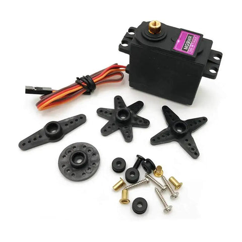 MG996R metal-gear high-torque servo motor, black, with 3 arm horns and mounting hardware
