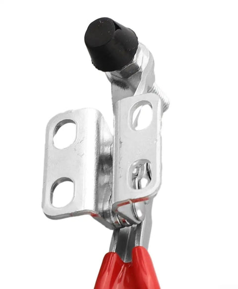 Close-up of heavy duty quick release clamp for woodworking and CNC fixtures, 27kg holding capacity, metal vertical workholding tool.