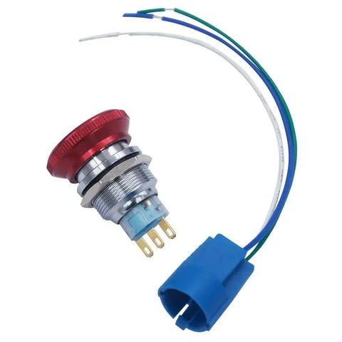 Stainless Steel 22mm Latching Emergency Stop Push Button Switch With 3A 12-220V Connection Plug and red button cap, side view