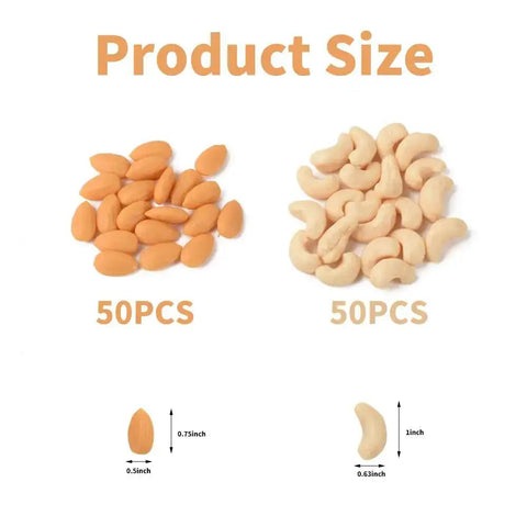Product size display of Set Of 100 Realistic Fake Almond And Cashew Nuts For Home Decor And Photography Props One Inch Mini Size